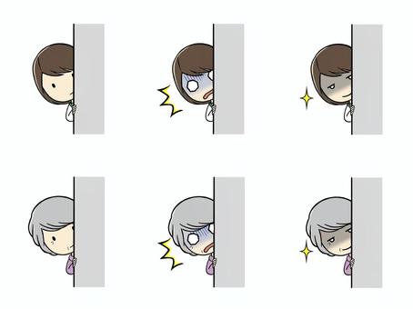 のぞき見する女性たちセット のぞき見,のぞく,チラ見,心配,見守る,ショック,目撃,監視,衝撃,ニヤリのイラスト素材
