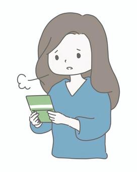 通帳を見てため息をつくフリー女性 フリーランス,女性,個人事業主,独立,起業,通帳,口座,貯金,残高,お金のイラスト素材