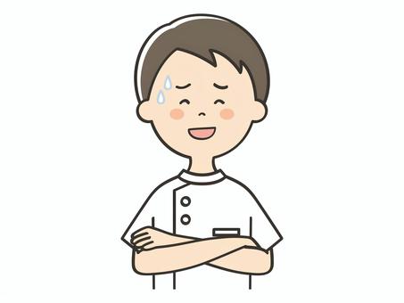 苦笑いする男性看護師 苦笑いする男性看護師 苦笑い,愛想笑い,お世辞,作り笑い,困る,誤魔化す,気まずい,苦笑,汗,男性のイラスト素材