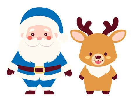 サンタとトナカイ/青 サンタとトナカイ/青 サンタ,トナカイ,ミニキャラ,シンプル,2頭身,サンタクロース,サンタさん,動物,人間,人のイラスト素材