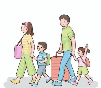 家族で旅行に出かける 家族,旅,４人,移動,荷物,歩く,里帰りのイラスト素材