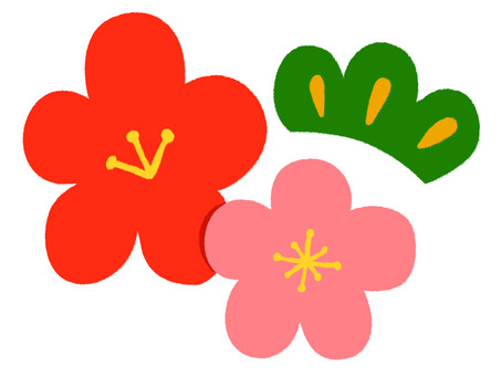 赤とピンクの梅の花と松のワンポイント 梅,松,紅梅,梅の花,植物,花,赤,和風,和,春のイラスト素材