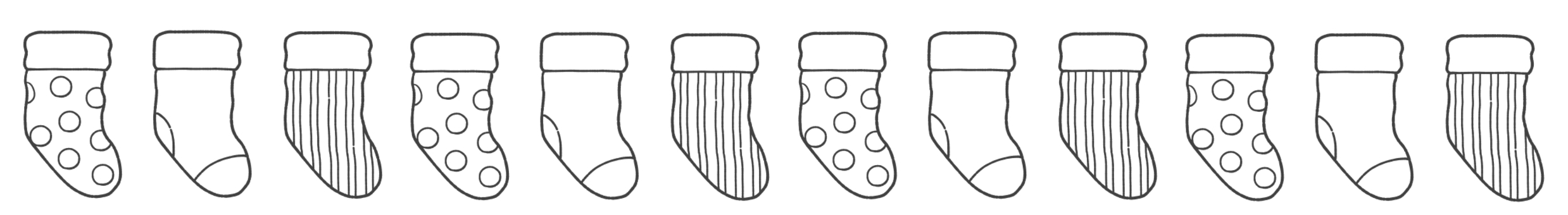 クリスマスの白黒手描きライン素材3 靴下,ライン,飾りのイラスト素材