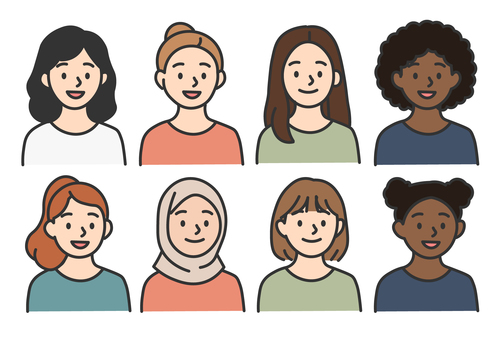 女性のバストアップアイコン8人セット 女性,笑顔,アイコン,多様性,人種,国際のイラスト素材