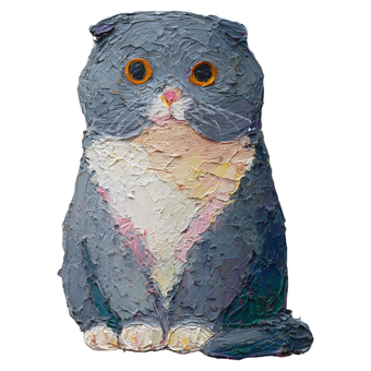 スコティッシュフォールドのイラスト スコティッシュフォールド,ねこ,ペット,手描き,絵の具風,厚塗り,かわいい,もふもふ,グレーの猫,座る猫のイラスト素材