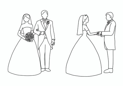 新郎新婦線画 新郎新婦,ウエディング,結婚式,ウエディングドレス,タキシード,婚礼衣装,結婚,挙式,ドレス,スーツのイラスト素材