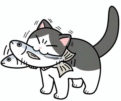 魚をくわえたぶち猫 ぶち猫,ハチワレ,魚,アジ,震える,猫,動物,ペット,かわいい,手描きのイラスト素材