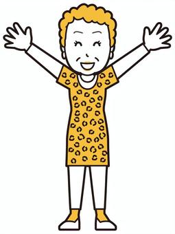  大阪のおばちゃん(黄)-084-全身 ばんざい,おばちゃん,大阪,ヒョウ柄,おばはん,中年,女性,関西,派手,おばさんのイラスト素材