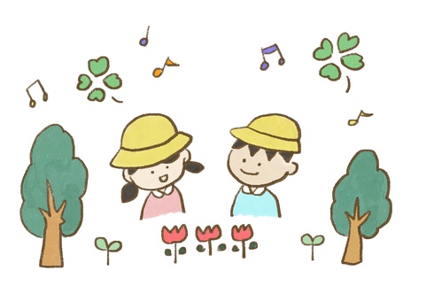 手描きの遠足イラスト 手描き,遠足,園児,幼稚園,保育園,春,学校プリント,おたより,自然,木のイラスト素材