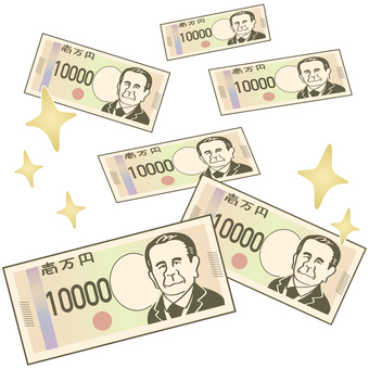 天から降る壱万円札（キラキラ）1 お札,紙幣,お金,羽,10000,一万円札,渋沢栄一,偉人,人物,壱万円のイラスト素材