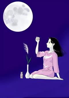 月見酒 酒,月,乾杯,秋,夜長,パジャマ,女性,ススキのイラスト素材