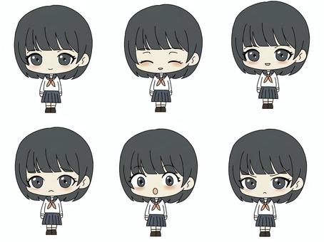 セーラー服の女の子のミニキャラ セーラー服,女の子,ミニキャラ,表情差分,表情セット,学生,制服,キャラクター,アニメ風,デフォルメのイラスト素材