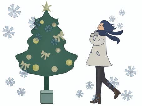 クリスマスの街を歩く女性10 女性,コート,髪の毛,風,冬,ファッション,マフラー,手袋,ブーツ,グレーのイラスト素材