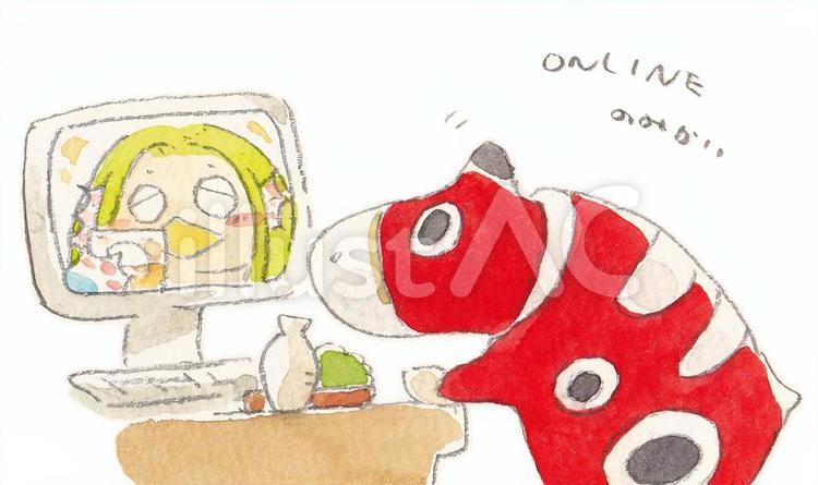 アマビエ様と赤べこ《手書きイラスト》 アマビエ様,アマビエ,赤べこのイラスト素材