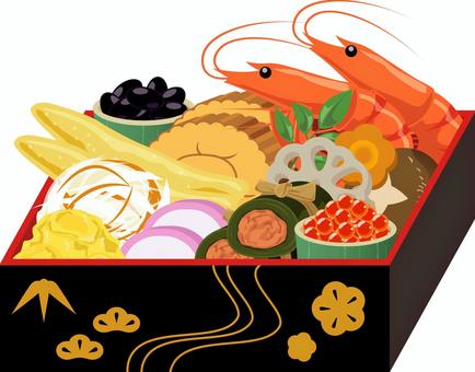 お節料理 お節,正月,お重,縁起物,料理,煮物,エビ,黒豆,伊達巻,昆布巻きのイラスト素材