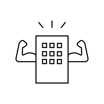 ビルと力こぶのラインアイコン 元気,会社,健康経営,アイコン,耐震,線画,強い,健康,好業績,強さのイラスト素材