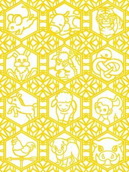 シームレスなモザイク　干支　　o　金色 十二支,干支,動物,正月,年賀状,背景素材,バックグラウンド,線画,モザイク,六角形のイラスト素材