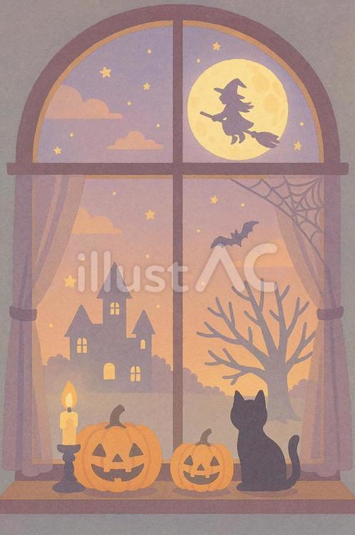 窓から見えるハロウィンの夜 ハロウィン,かぼちゃ,かかしのイラスト素材
