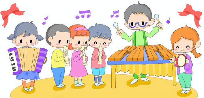 みんなで演奏会 演奏会,発表会,小学生,子供,楽器,アコーディオン,リコーダー,木琴,タンバリン,複数人のイラスト素材