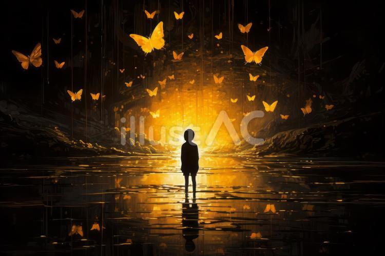 舞う蝶を見る少年 少年,子供,人のイラスト素材