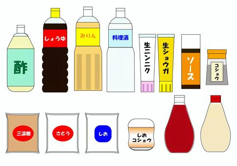 調味料セット 調味料,料理,酢,醤油,みりん,料理酒,ニンニク,しょうが,ソース,コショウのイラスト素材