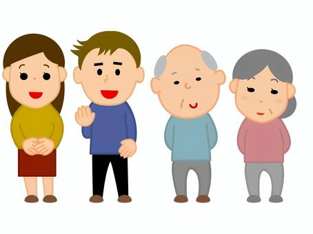 仲良し2世代家族　若夫婦と老夫婦 家族,夫婦,若夫婦,老夫婦,2世代,男女,仲良し,笑顔,パートナー,結婚のイラスト素材
