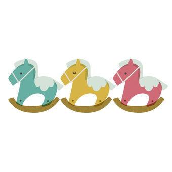 カラフルな三色の木馬の手描きイラスト 木馬,カラフル,年賀素材,正月,馬,カラー,手描き,かわいい,デフォルメ,素材のイラスト素材