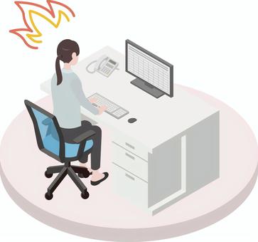 アイソメトリック_働く人④-4 アイソメトリック,オフィス,会社員,女性,気合い,燃える,若手,オフィスワーク,炎,働くのイラスト素材