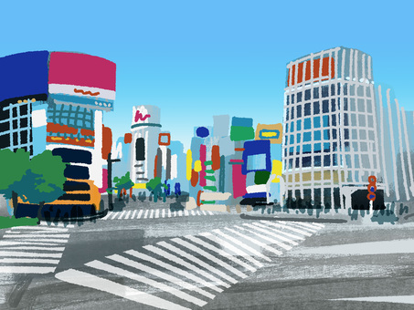 渋谷スクランブル交差点 渋谷,交差点,駅前,スクランブル交差点,風景画のイラスト素材