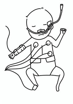 治療中の未熟児　線画 治療,未熟児,赤ちゃん,点滴,酸素チューブ,線画のイラスト素材