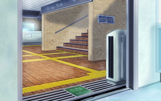 電車内から見えるホーム 電車,列車,駅,ホーム,鉄道,交通機関,乗り物,階段,タイル,空間のイラスト素材