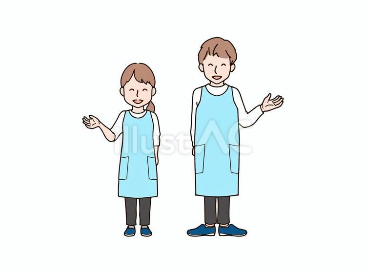 片手を上げる男女2_エプロンb 大人,男性,女性のイラスト素材