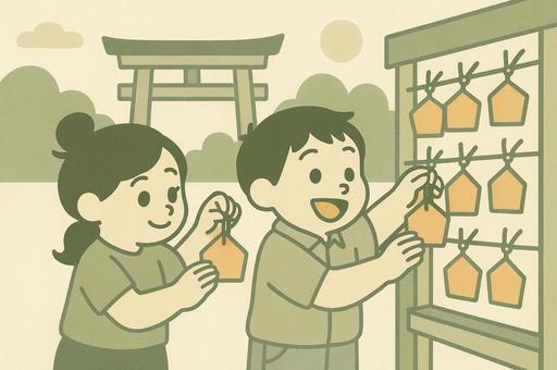 神社参拝で絵馬を奉納するシーン　初詣