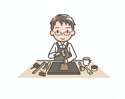 クラフト003 レザークラフト,革細工,手工芸,木槌,ワークショップ,手作り,ものづくり,クラフトワーク,趣味,男性のイラスト素材