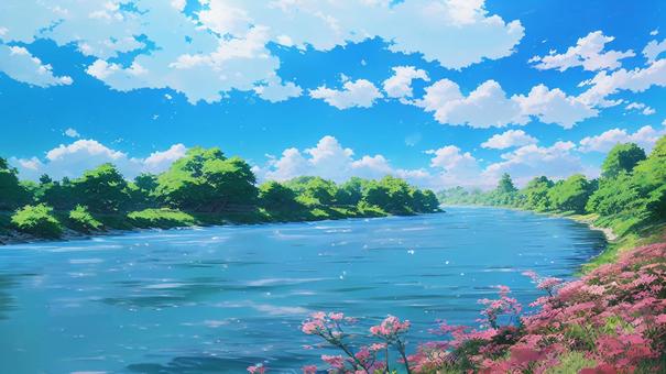 Anime-style background river, JPG Anime-style background river, chuan, sky, cloud, JPG
