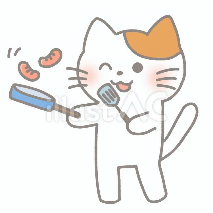 ウインナーを焼く猫 猫,ウインナー,ソーセージのイラスト素材