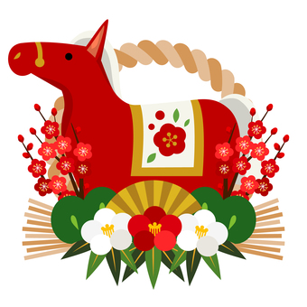 zodiac2691 馬,午年,しめ飾り,扇,椿,梅,松,年賀状,花,和風のイラスト素材