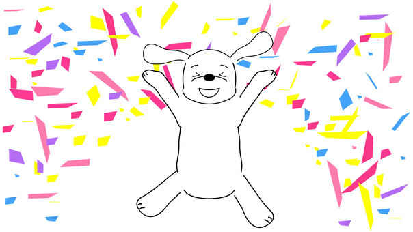 紙吹雪の中で喜ぶ白い犬 紙吹雪,カラフル,ピンク,黄色,水色,クラッカー,紫,犬,ペット,ミニチュアダックスフンドのイラスト素材