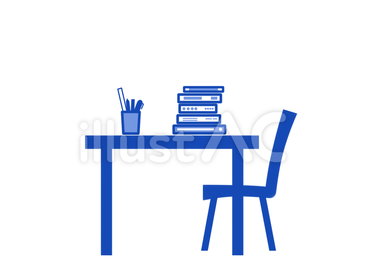 本が積み上がった机と椅子とペン立て（青） 勉強机,仕事机,机のイラスト素材