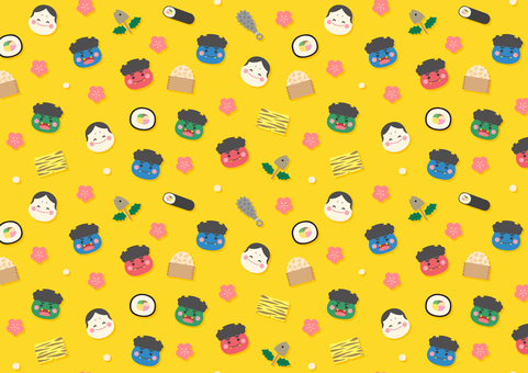 節分のかわいいパターン背景、黄色 節分のかわいいパターン背景、黄色 節分,鬼,豆,恵方巻,背景,パターン,シームレス,スウォッチ,節分の日,お多福のイラスト素材