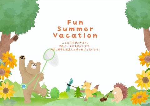 可愛い夏休みの動物たちのフレーム 夏休み,昆虫採集,夏のイラスト素材