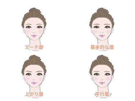 ブルベ　女性　眉毛　４パターン　文字あり アイブロウ,メイク,印象,雰囲気,立体感,方法,メリハリ,コスメ,美容,白バックのイラスト素材
