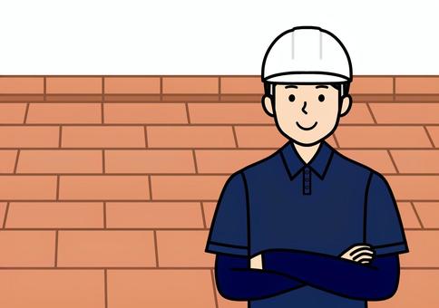 ストレート屋根と腕組みの屋根職人の男性 ストレート,屋根,屋根職人,屋根葺き,リフォーム,修繕,雨漏り,瓦,葺き替え,点検のイラスト素材