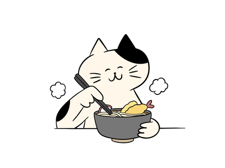 温かいうどんを食べる猫（カラー） 猫,うどん,煮込みうどん,かけうどん,天ぷらうどん,海老天,天ぷら,暮らし,かわいい,ゆるいのイラスト素材