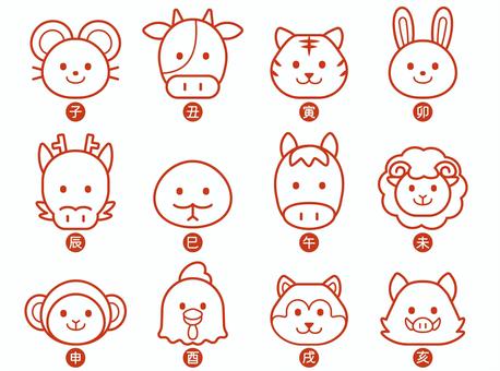 十二支の判子風アイコン　一覧 十二支,干支,動物,正面,顔,判子風,漢字,アイコン,一覧,セットのイラスト素材