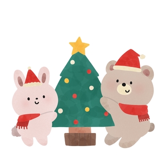クリスマスツリーとうさくま クリスマス,ツリー,うさぎ,くま,サンタ,帽子,動物,マフラー,冬,飾り付けのイラスト素材