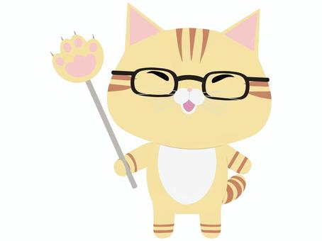 指し棒を持った笑顔のちゃとら猫 指し棒,猫,ちゃとら,笑顔,動物,かわいい,解説,説明,案内,めがねのイラスト素材