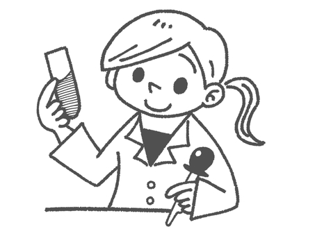 女性の研究者（白黒） 研究者,科学者,博士,女性,白衣,化学,実験,試験管,スポイト,理科のイラスト素材