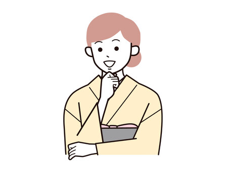 顎に手を当て笑顔の着物女性A左向／カラー 顎,手,笑顔,女性,お母さん,着物,講師,20代,30代,40代のイラスト素材