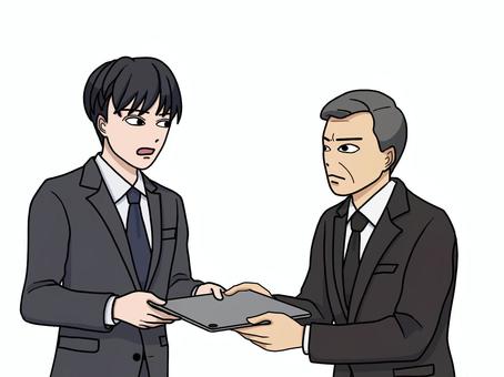 資料を渡すスーツ男性と受け取る中年上司 資料,タブレット,渡す,提出,スーツ,男性,上司,受け取る,部下,説明のイラスト素材